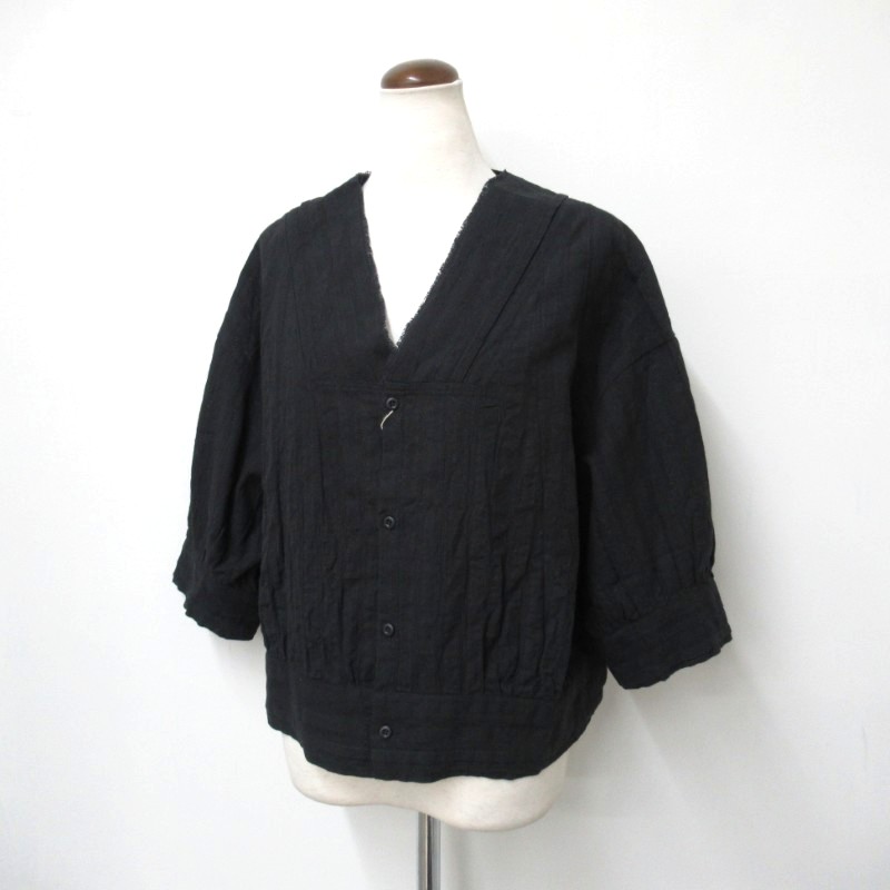 LAITERIE  綿麻アキハストライプＶ衿シャツ /BK99 【日本製】